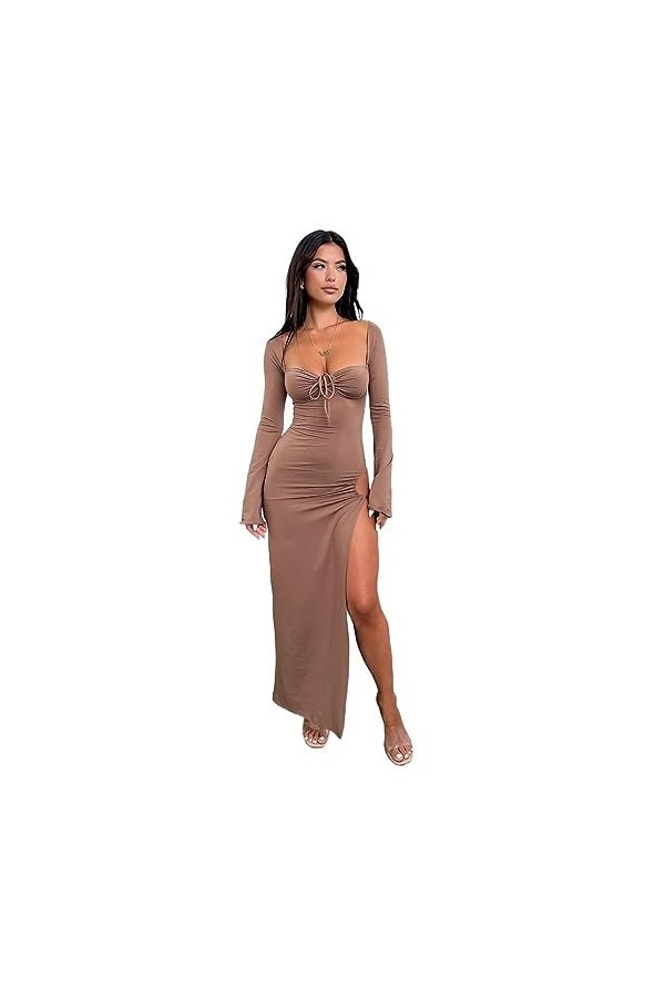 Robe sirène Dos Nu en V Profond for Femmes, Robe à Manches Longues, Tenues élégantes, Sexy, fête, Club, découpée Color : Bla