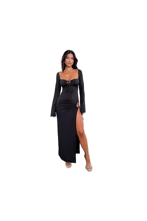 Robe sirène Dos Nu en V Profond for Femmes, Robe à Manches Longues, Tenues élégantes, Sexy, fête, Club, découpée Color : Bla