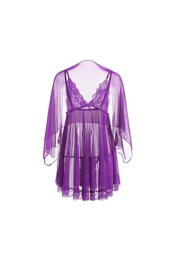 La grilleSexy Pyjama Mesh Lingerie érotique Slip Dress Trois pièces, Violet, XL