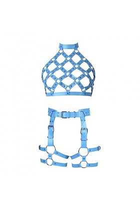 Femmes Body Strap Cuir Punk Bra Creux Cupless Mode Garter Set Gothique Halloween Rave Party Costume Ciel Bleu 