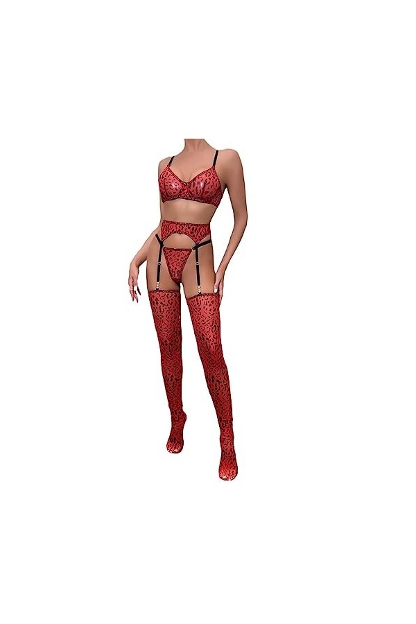 NoëlSexual, Lingerie drôle, imprimé léopard en Maille, Transparent rassemblé avec des Bas, Ensemble Quatre pièces, Rouge, M