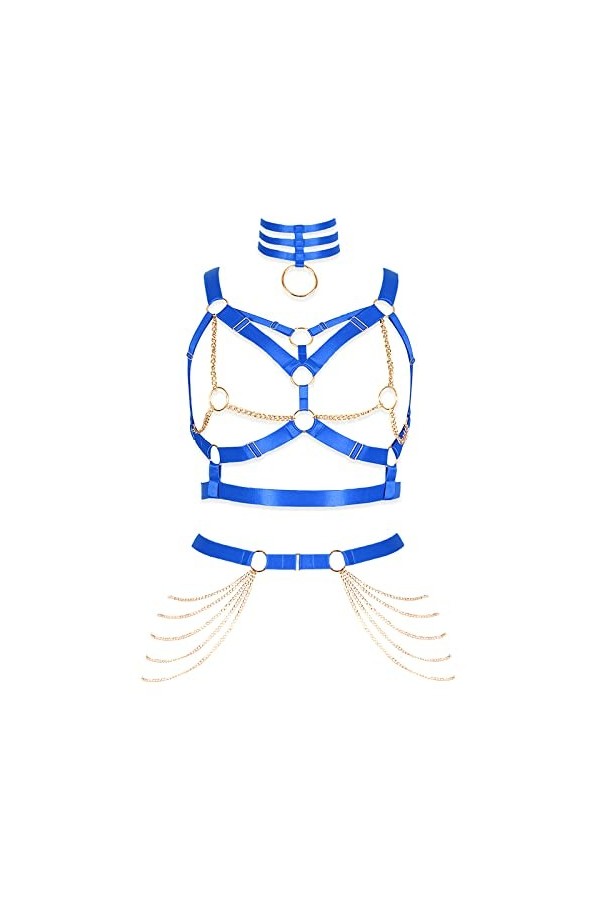 Femmes Body Lingerie Plus Size Fashion Metal Chain Bas Garter Set Punk Gothique Carnaval Halloween Dance Costume Jaune Clair