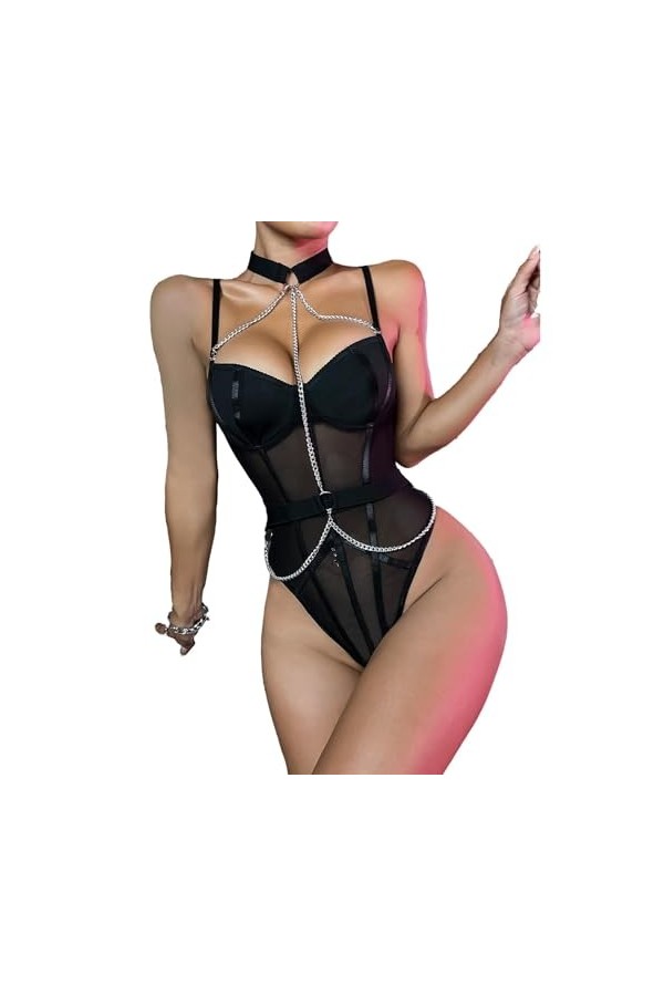 DAGIN Body une pièce sexy en dentelle pour femme, lingerie sexy, décolleté en V profond Color : Pink, Size : XL 