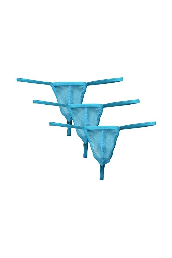 AIEOE Strings Homme 3 Pièces Sexy G-String Ensemble Légèrement Transparent sous-Vêtements Culottes en Gaze Bleu Clair XL