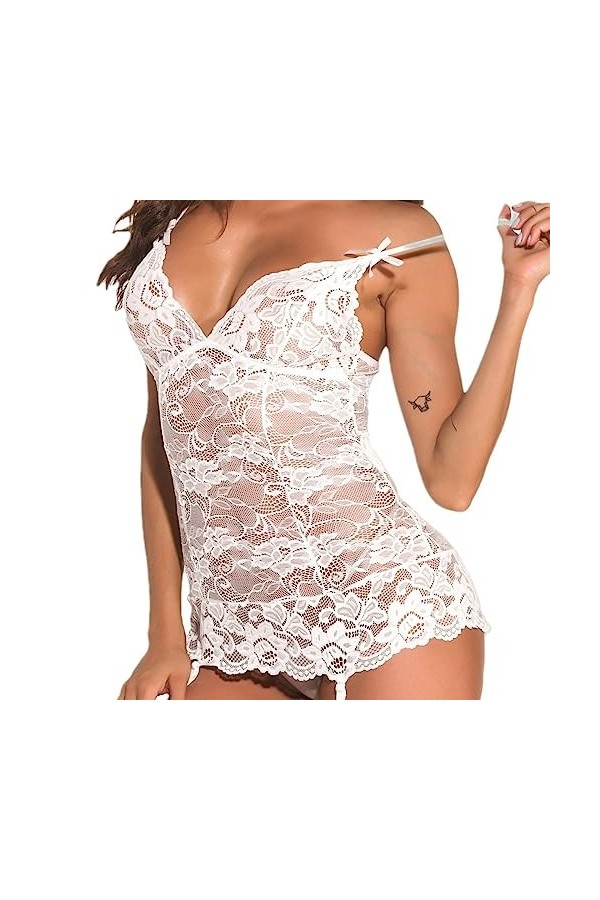 ZTIANEF Bas basLingerie érotique d’été Pyjama Sexy Bretelles Chemise de Nuit, Blanc, L