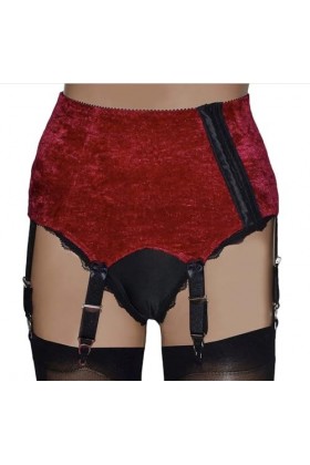 Porte-jarretelles en velours rouge à 6 sangles avec bordures noires, Rouge, S