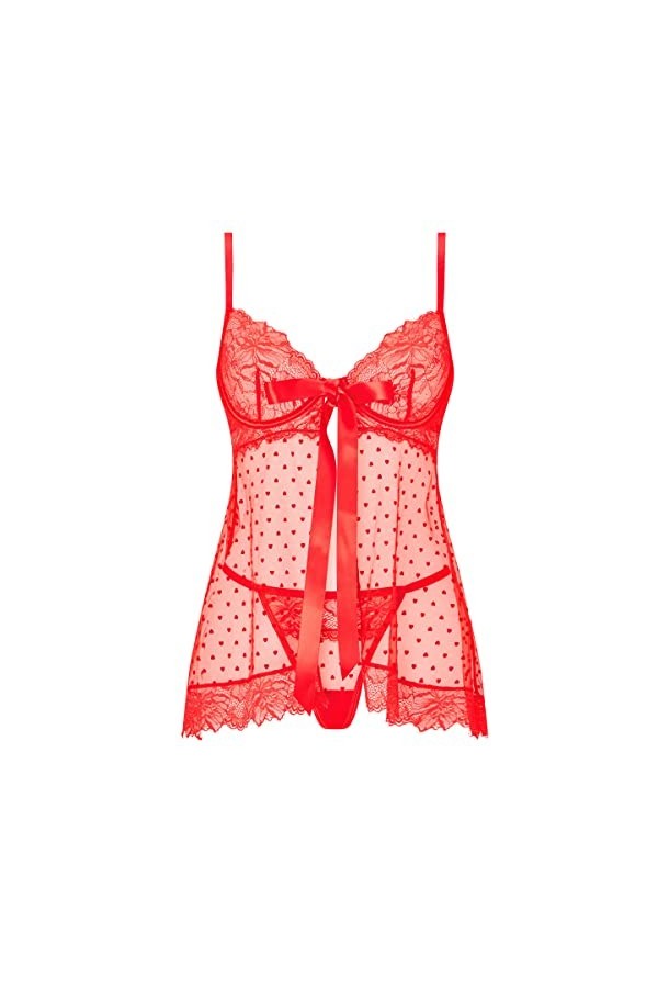 Ann Summers - Bon Bon Ensemble de lingerie nuisette en dentelle à pois pour femme, robe rouge, dos nu avec string assorti - R