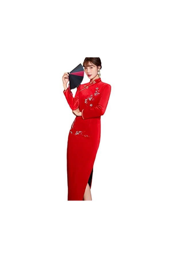 Bervoco Qipao Robe de mariée style oriental en velours doré, Td0064-1, Taille M