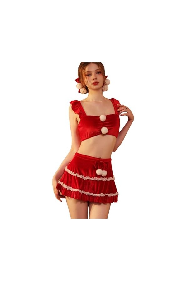 SNOMYRS Lingerie de Noël sexy pour femme - Costume de Père Noël - Rouge - Kawaii - Cosplay - Nuisette - Jupe pyjama