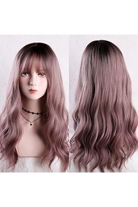 DUNEL Wigs Hair For Women Long Body Wave Wigs With Bangs for Women Ombre Pink Costume Cosplay Party Wig Beauty for Daily
