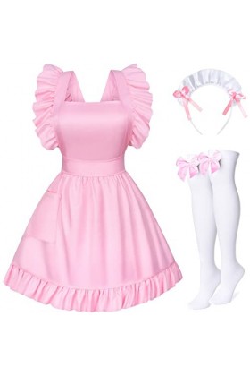 Ensemble tablier de soubrette rétro réglable à volants avec poches et couvre-chefs français, Style2 Rose, taille unique