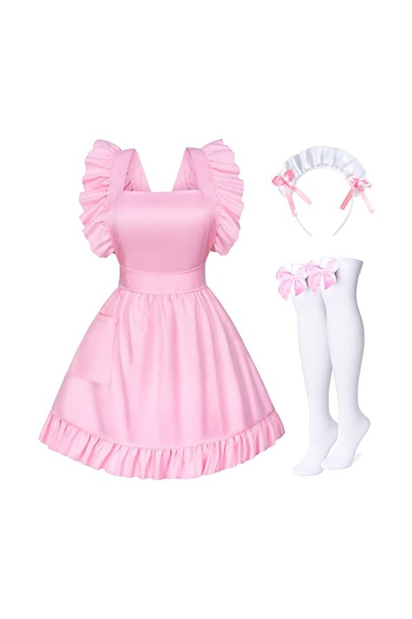 Ensemble tablier de soubrette rétro réglable à volants avec poches et couvre-chefs français, Style2 Rose, taille unique