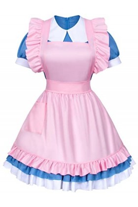 Ensemble tablier de soubrette rétro réglable à volants avec poches et couvre-chefs français, Style2 Rose, taille unique