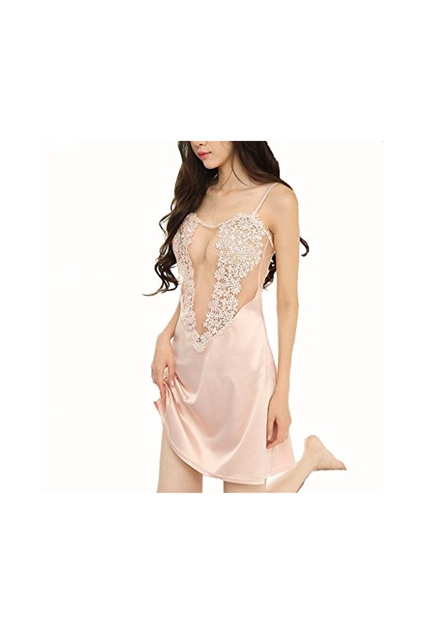 Heqianqian Lingerie Sexy Pyjama Perspective Femme Deep V Black Floral Sexy Chemise De Nuit Noire Et Rose S-L Pyjama érotique 