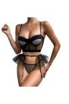 Lingerie pour Femme Ensemble de Lingerie 3 pièces Soutien-Gorge et Culotte en Maille Color : Noir, Size : S 
