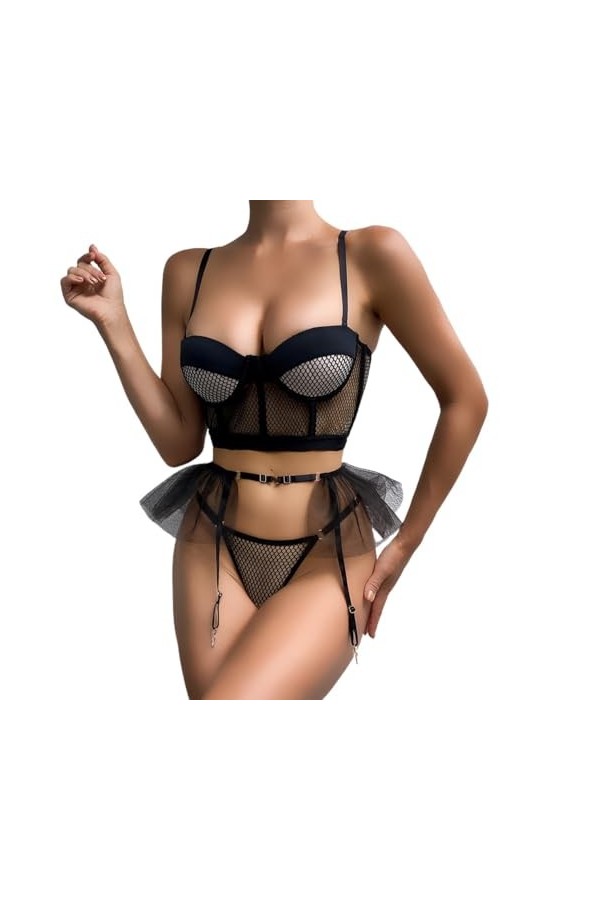 Lingerie pour Femme Ensemble de Lingerie 3 pièces Soutien-Gorge et Culotte en Maille Color : Noir, Size : S 