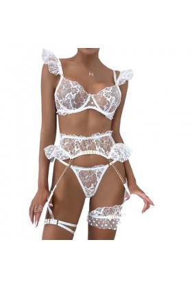 Ensemble de Lingerie Sexy en Maille pour Femme, Body en Dentelle avec Bretelles en Peluche et Porte-Jarretelles. Color : Whi