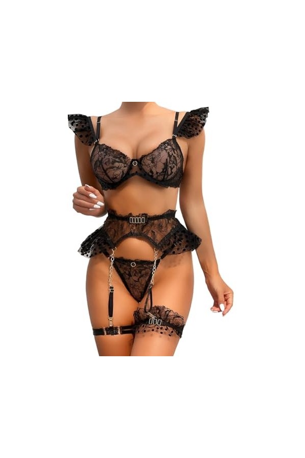 Ensemble de Lingerie Sexy en Maille pour Femme, Body en Dentelle avec Bretelles en Peluche et Porte-Jarretelles. Color : Whi