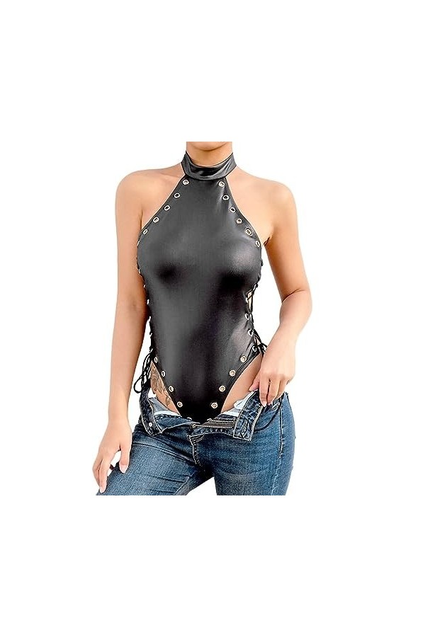 VETCS Femmes Sexy Onesies Halter Neck Dos Nu en Cuir Verni sans Manches Creux Onesies Discothèque Performance Costumes,Noir,X