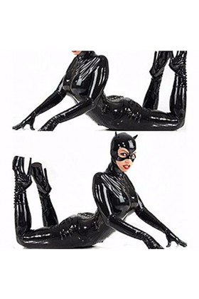 EXECAB Catsuit Noir Latex Sexy Combinaison Avant Fermeture éclair Costumes masqué Catwoman Manches Longues Body,2XL,Black