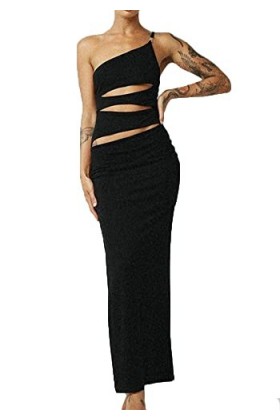 KWIXUK Robes de soirée for Dames Sexy Noir Une épaule Dos Nu découpé Robe Moulante Maxi avec Fente latérale Color : Black, S