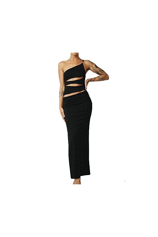 KWIXUK Robes de soirée for Dames Sexy Noir Une épaule Dos Nu découpé Robe Moulante Maxi avec Fente latérale Color : Black, S