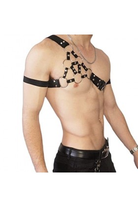 Mengsiy Mode Homme soirée Clubwear Corps bandoulière Joint torique Bracelet en Cuir PU Gay mâle Punk chaîne en métal Dos Nu 