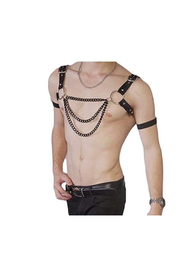 Mengsiy Mode Homme soirée Clubwear Corps bandoulière Joint torique Bracelet en Cuir PU Gay mâle Punk chaîne en métal Dos Nu 