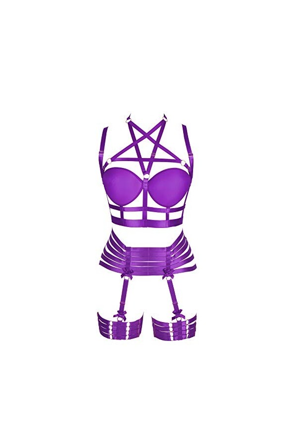 Femmes Pentagram Body Harness Soutien-Gorge Lingerie Jarretière Ceinture Ensemble Élastique Punk Gothique Festival Rave Wear 