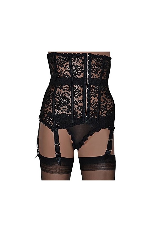 Swanky Pins Ceinture porte-jarretelles en dentelle à 6 sangles avec taille haute et baleines en noir ou blanc, Noir , M