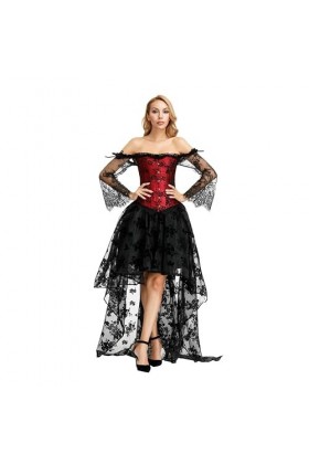 Femmes Sexy Hors Épaule Manches Dentelle Corset Tulle Maxi Robe Ensemble Vintage Floral Drôle Poitrine Ouverte Corset Corps R