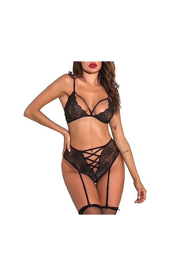 Ensemble de Lingerie en Peluche avec épaule en V Profond for Femmes avec Nuisette en Dentelle jarretière