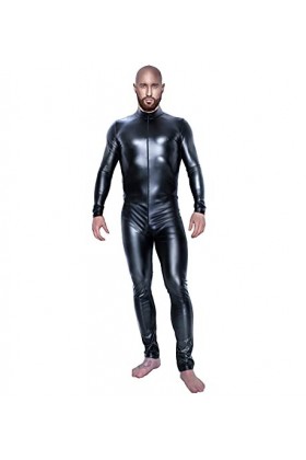XLBHSH Combinaison sexy en cuir verni effet mouillé avec fermeture éclair et manches longues pour homme Noir Taille L