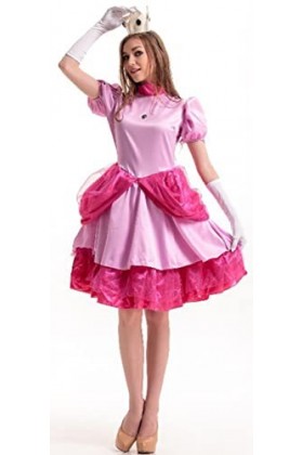 Foanja Princesse Peach Robe Femme Déguisement Princesse Peach Court Robes de Soirée et Couronne Gants 3 Pièces Set Adulte Cos