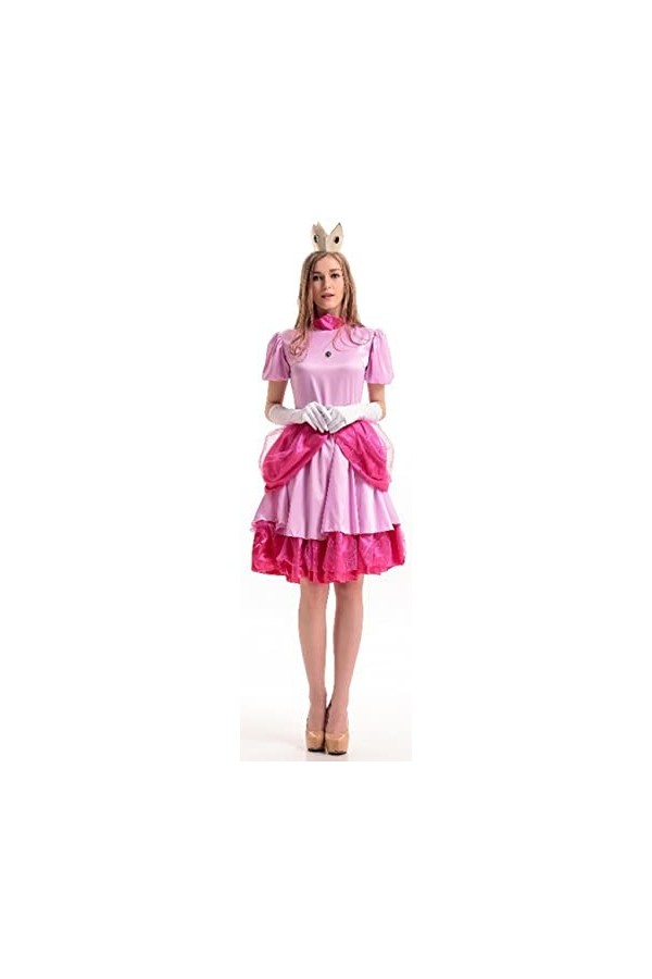 Foanja Princesse Peach Robe Femme Déguisement Princesse Peach Court Robes de Soirée et Couronne Gants 3 Pièces Set Adulte Cos