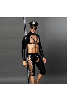 BERMEL Lingerie Sexy pour Hommes Cosplay Uniforme de Police Short en Latex en Cuir Brillant et Costume de scène de boîte de N
