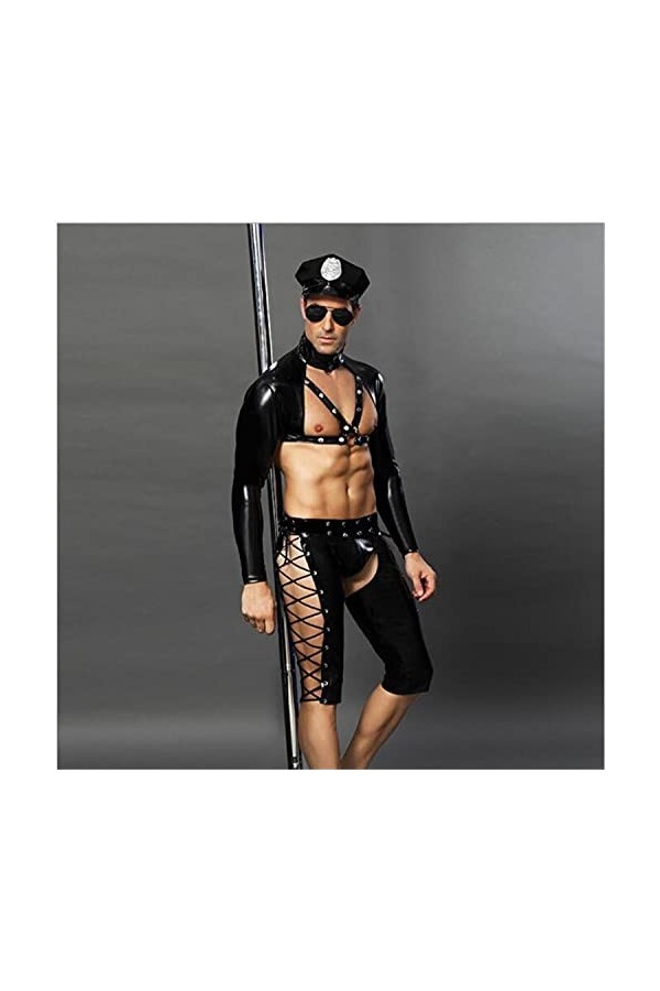 BERMEL Lingerie Sexy pour Hommes Cosplay Uniforme de Police Short en Latex en Cuir Brillant et Costume de scène de boîte de N