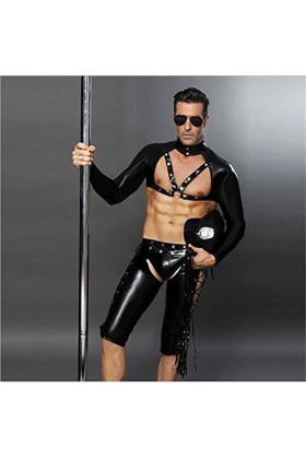 BERMEL Lingerie Sexy pour Hommes Cosplay Uniforme de Police Short en Latex en Cuir Brillant et Costume de scène de boîte de N