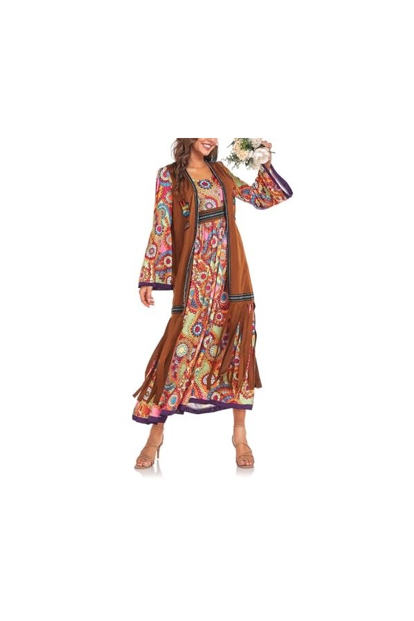 Rxuaw Costume hippie des années 60 et 70 avec bandeau, robe bohème à manches longues pour fête danniversaire, cosplay