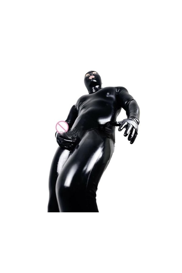 Hommes Leotard Bodysuit à capuche Catsuit Full Body Patent Leather Jumpsuit One Piece Clubwear Color:black,Size:XL 