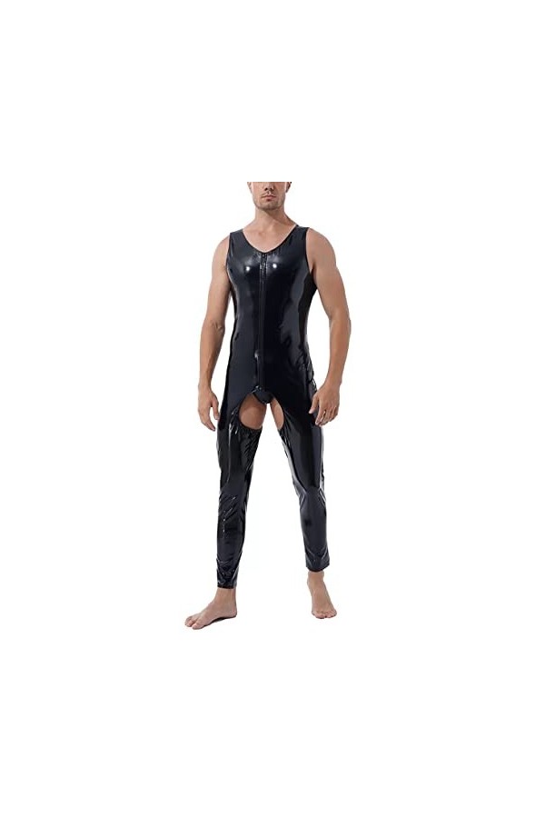 FEOYA Body Homme Sexy Cuir Verni Bodysuit Ouvert Wetlook Combinaison Zipper Justaucorps Wetlook Lingerie Vêtements de Nuit Cl