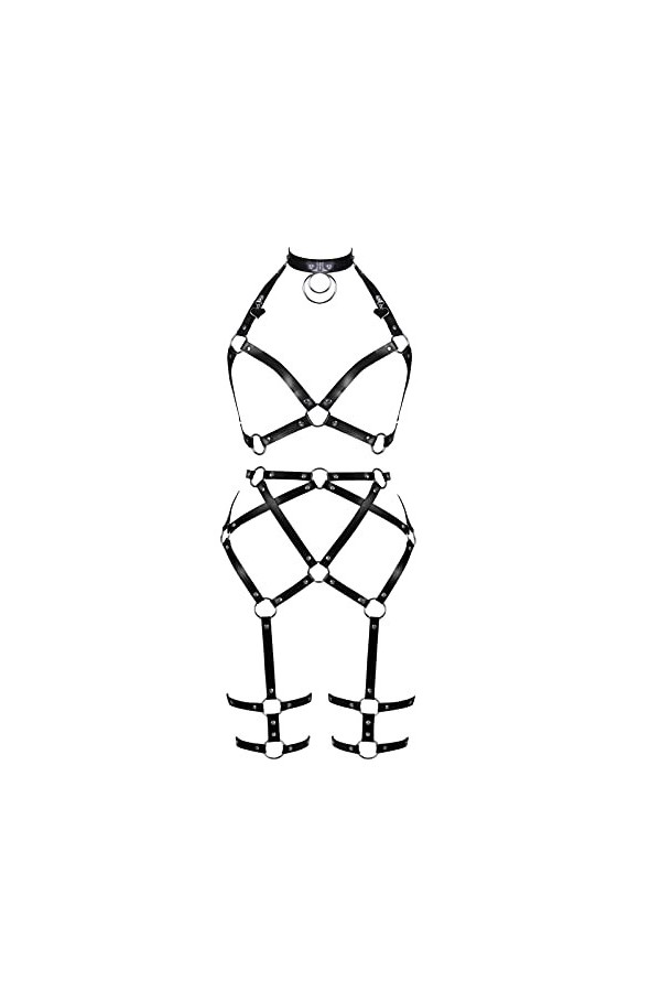 BBOHSS Harnais de Corps pour Femmes en Cuir Punk Mode Soutien-Gorge Bas Porte-Jarretelles Gothique Carnaval Halloween Danse C