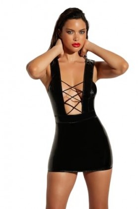 Oh là là Chéri Nuisette ajustée en vinyle pour femme avec lacets élastiques et dos ouvert, noir, Small