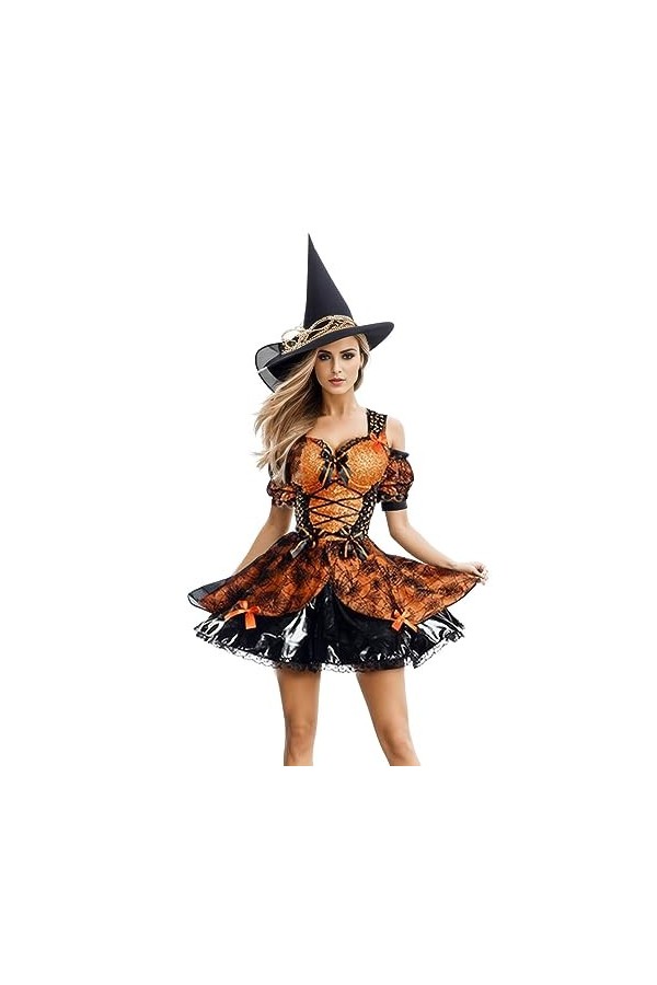 ZYPAINIY Costume pour femme – Costume dHalloween de sorcière – Jeu de rôle – Orange – Costumes de scène sexy gothiques pour 