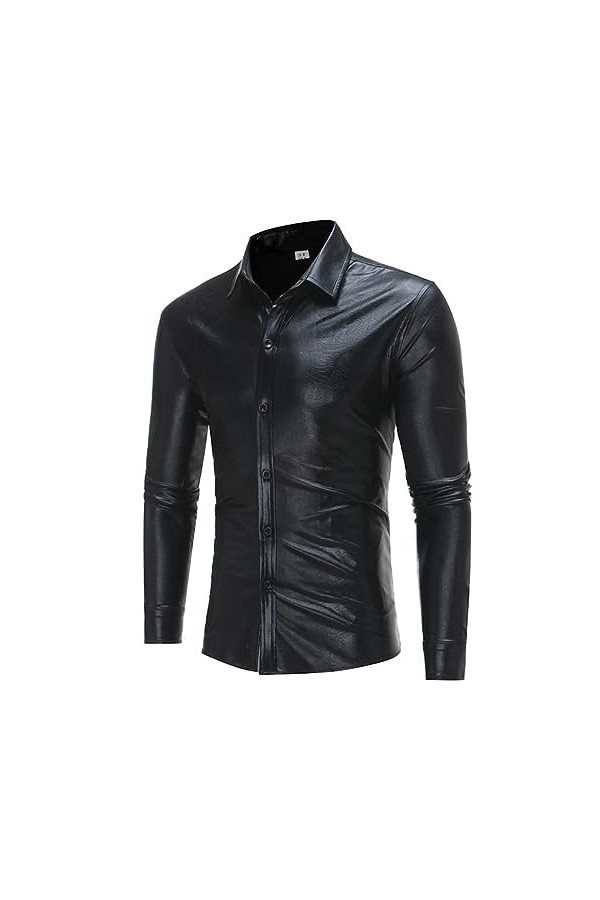 DCIUSTFHE Hommes Sexy Cuir PU Loisirs A Motifs Chemise Boîte De Nuit Barres DS Scène Vêtements,Argent,XL