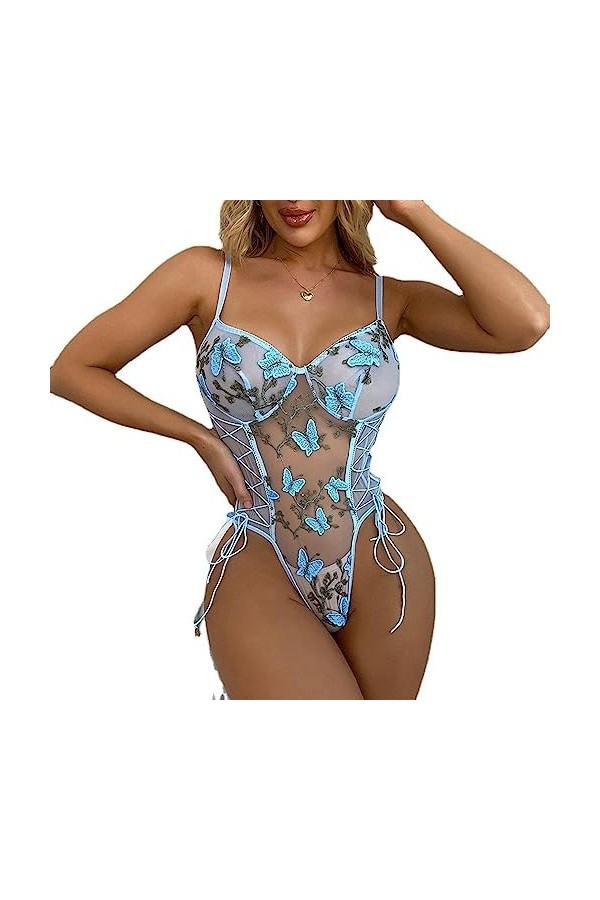 CorsetLingerie érotique Une pièce Pyjama Transparent Sexy, Bleu, S