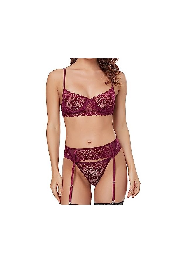 RougeLingerie érotique Trois-Points Sexy Soutien-Gorge Ceinture Sceau Trois pièces, Violet, XL