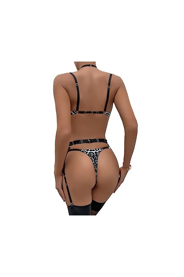 Bas basSexual, drôle Lingerie Webbing lambrissé imprimé léopard Poitrine Ouverte Poitrine Trois pièces, imprimé léopard Blanc