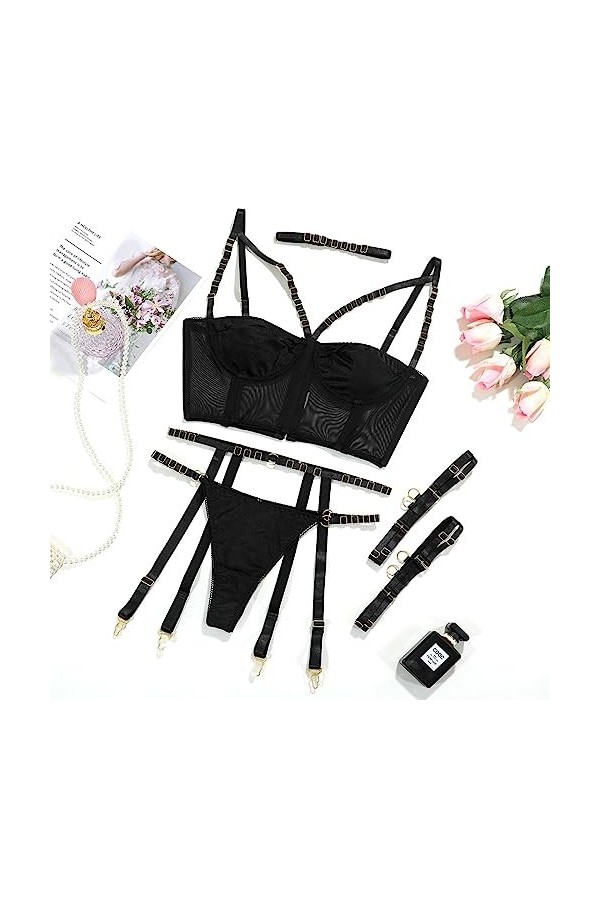 CorsetEnsemble Quatre pièces boutonné en Maille de Lingerie Sexy pour Femmes, Noir, L