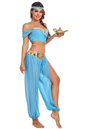 TRACYCY Déguisement Princesse Jasmine Femme Cosplay Aladdin Jasmine Princesse Haut et Pantalon avec Coiffe 3 Pièces Set Latin